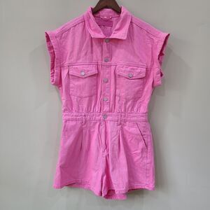 Blank NYC Womens Denim Romper Shortall Large Pink Barbiecore Garment Dye Summer